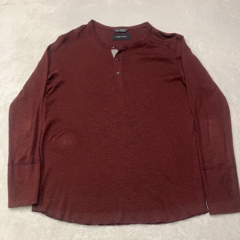 Wings + Horns Long‎ Sleeve Henley Shirt Men's Sz Large Red Made In Canada *READ